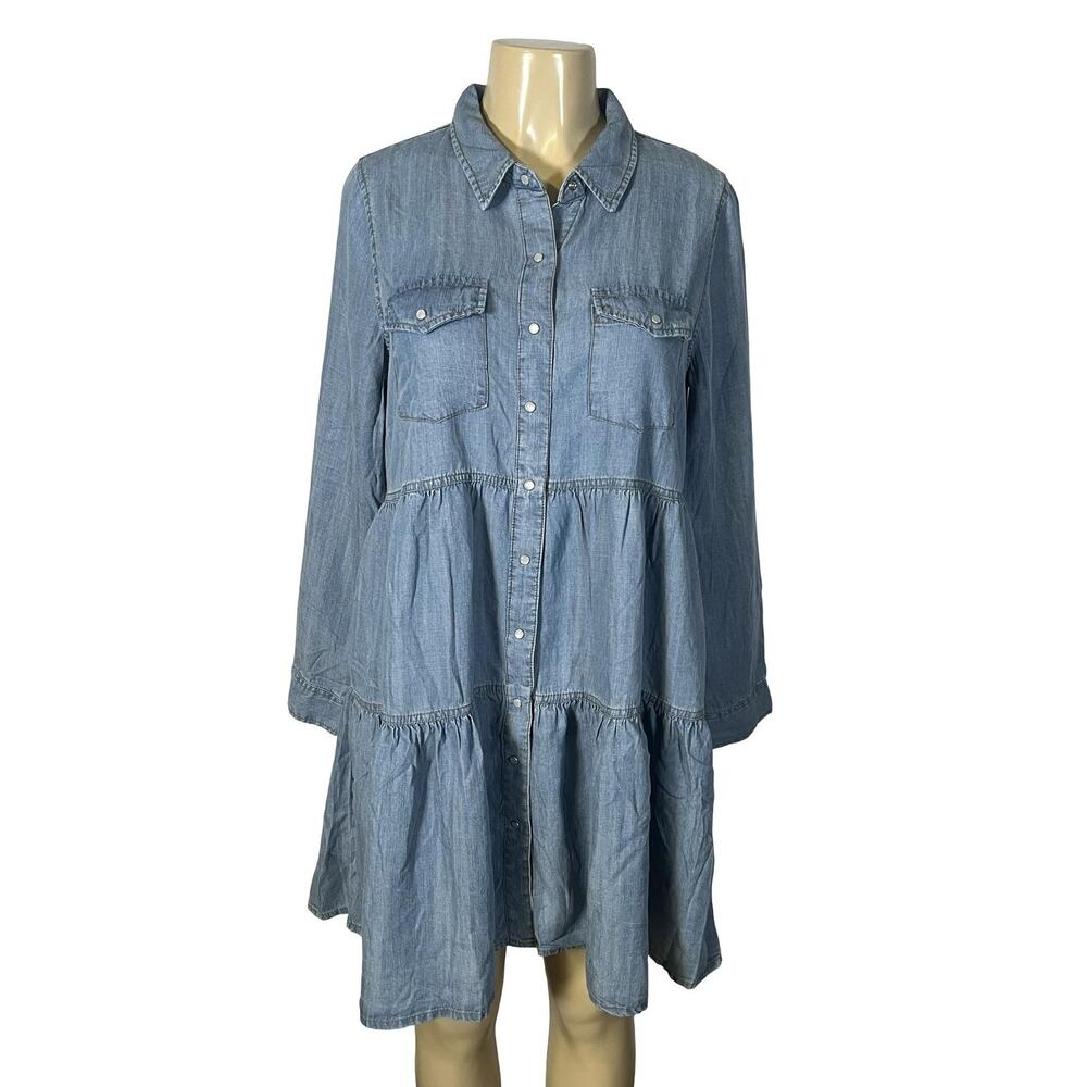 Threadgrit Dress Womens XL Blue Denim Western Babydoll Shirt Dress Tiered